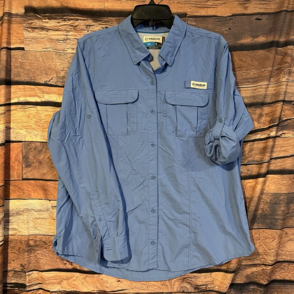 Magellan Outdoors Laguna Madre Men XL Blue Fishing Shirt UPF Vented Long Sleeve